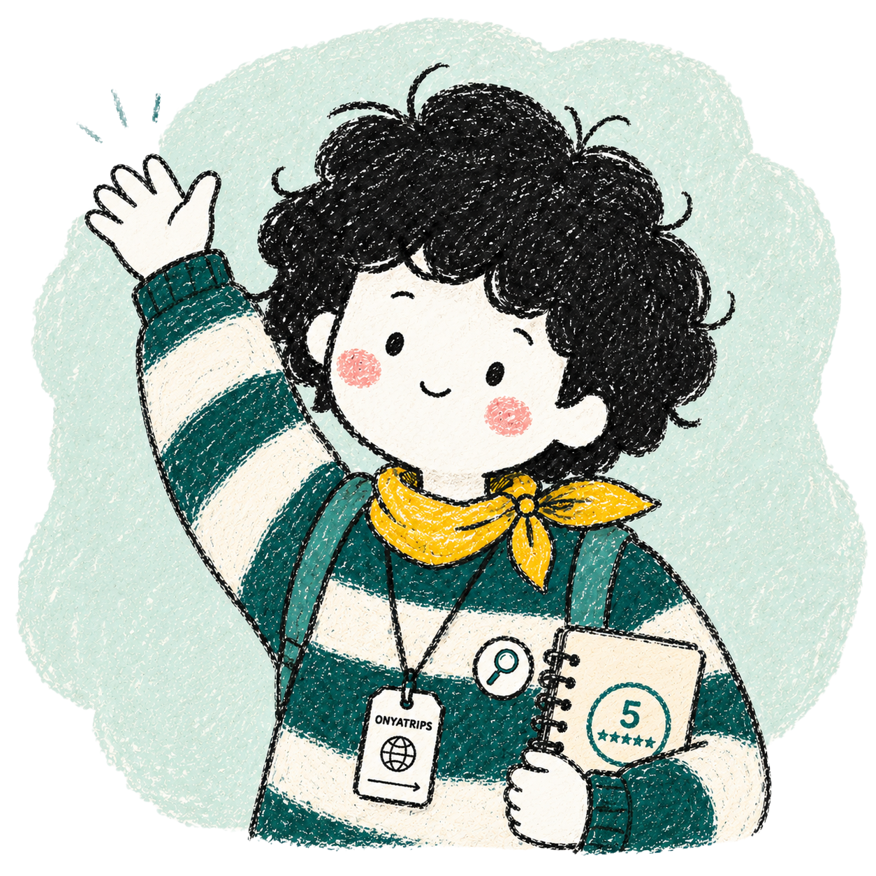 Onya, the Onyatrips mascot, a curly-haired explorer in a pine-striped sweater with a mustard neckerchief, holding a notebook rated five stars, waving hello.
