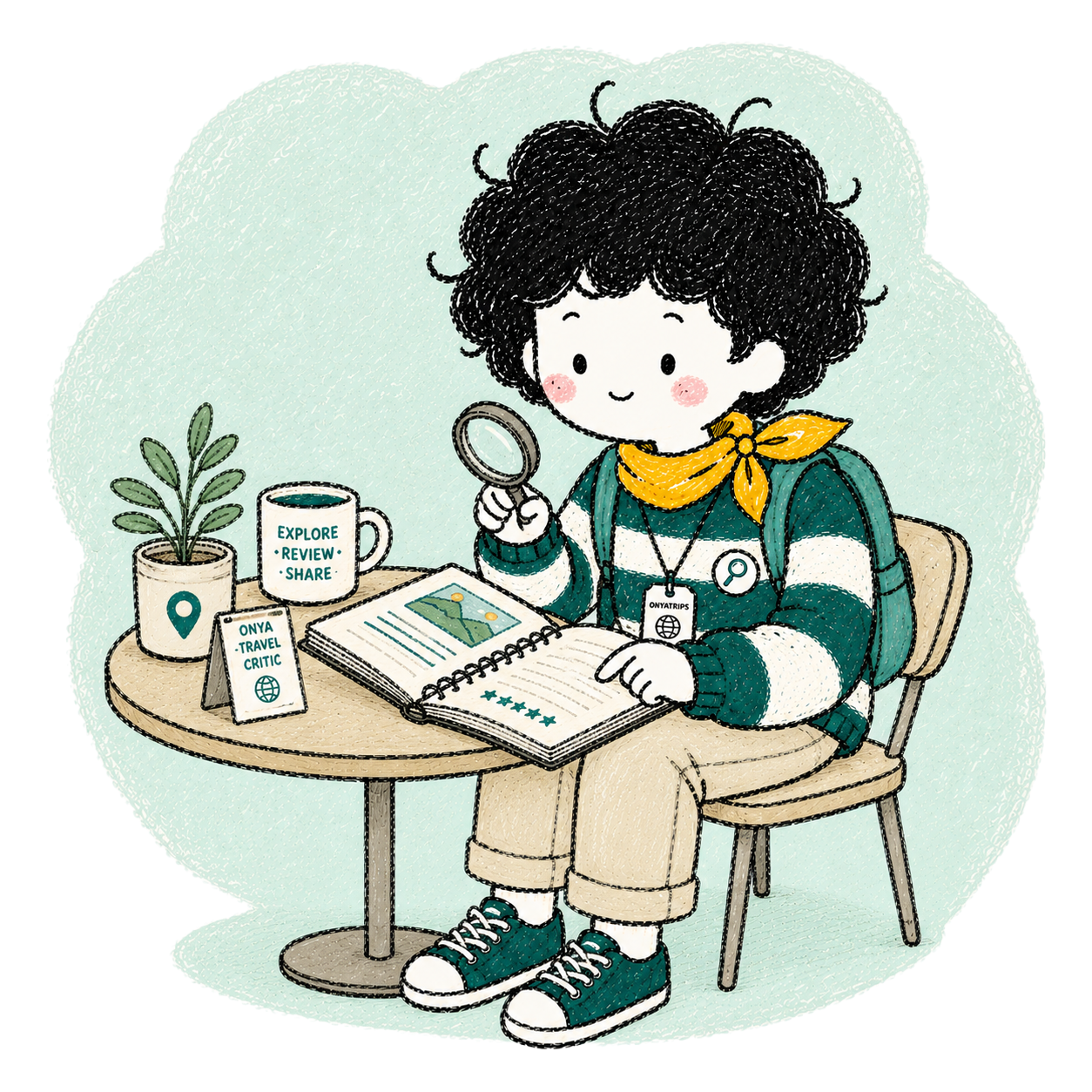 Onya holding a rating notebook and a magnifying glass, wearing an Onyatrips passport badge.